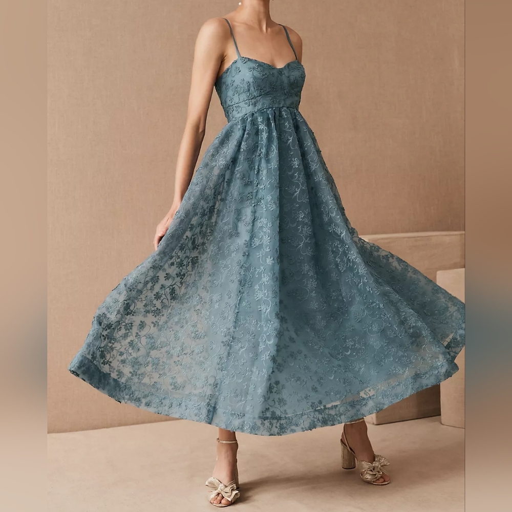 BHLDN Isadora Blue Midi Empire Waist Dress
